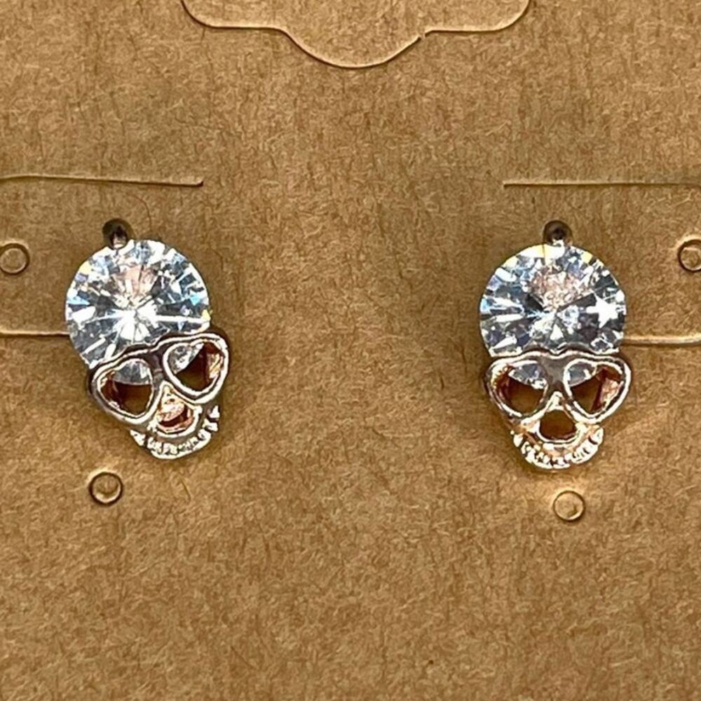 Rose Gold Tone Skull Crystal Stud Earrings Rhinestone Gothic Punk Halloween